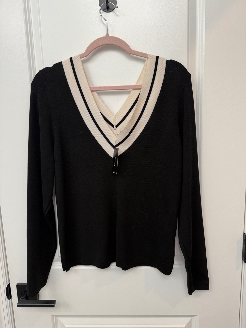 Express Black Double V-Neck Sweater with Cream Stripe Trim  NWT